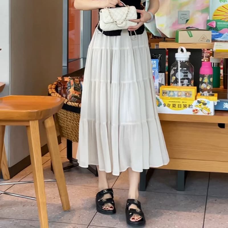 チュールスカート ふんわりティアードロングスカート