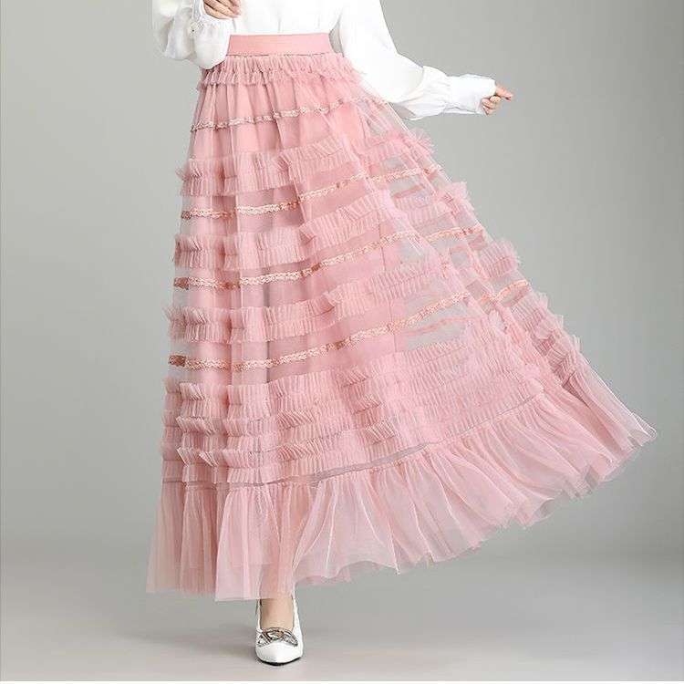 チュールスカート ふんわりティアードチュールロングスカート