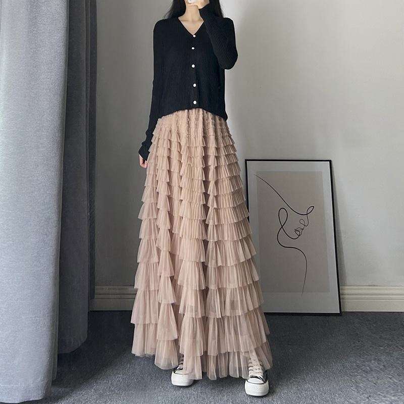 チュールスカート ふんわりティアードチュールロングスカート