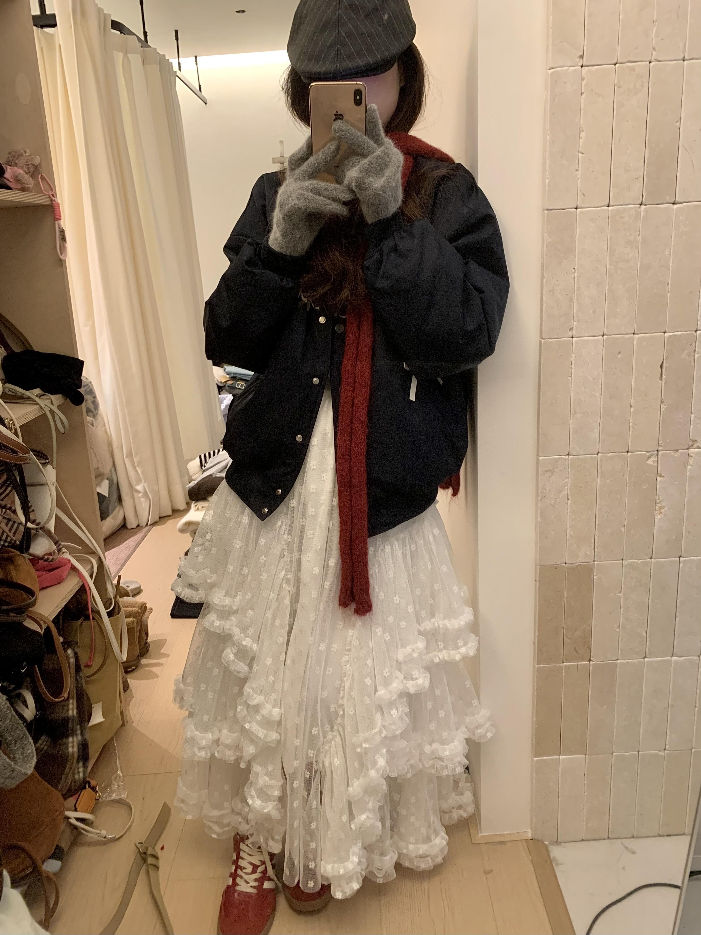 チュールスカート ふんわりティアードチュールロングスカート
