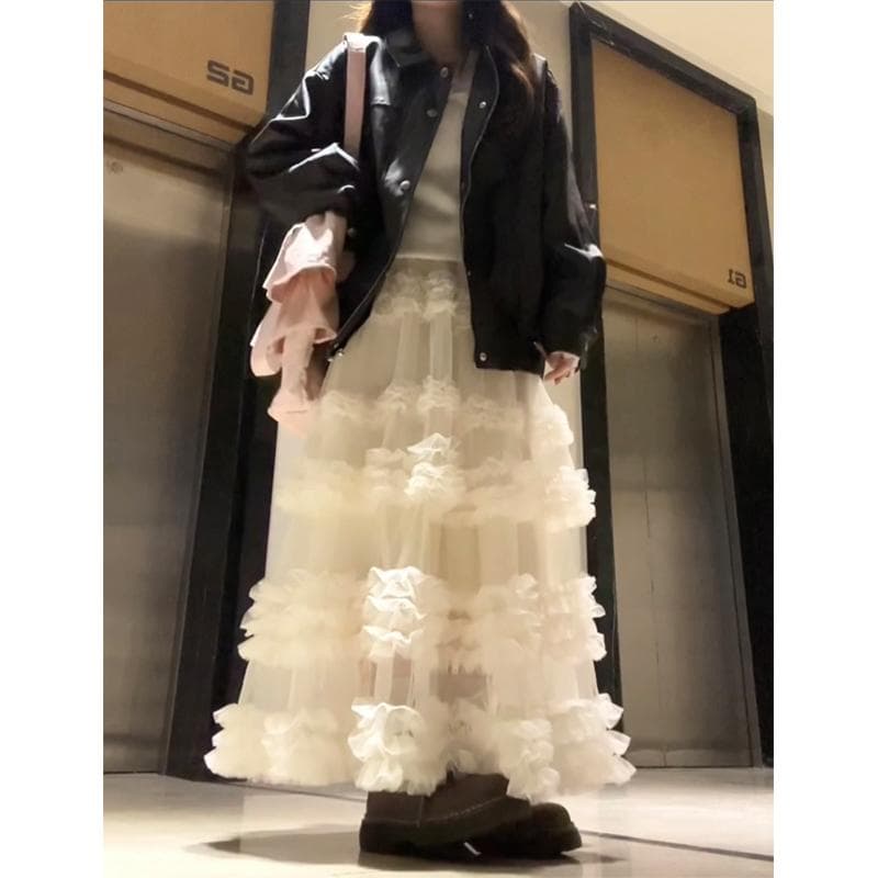 チュールスカート ふんわりティアードチュールフレアスカート