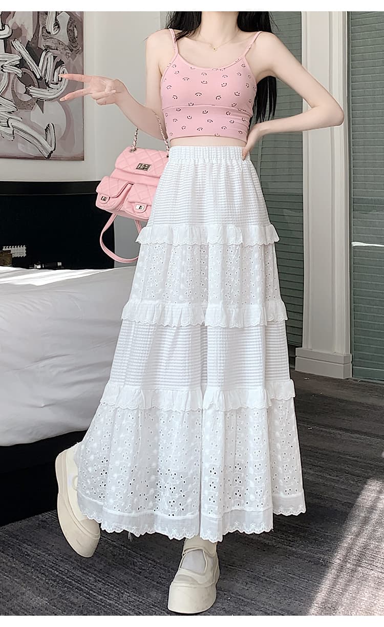 チュールスカート ふんわり重ね綿レース ティアードロングスカート