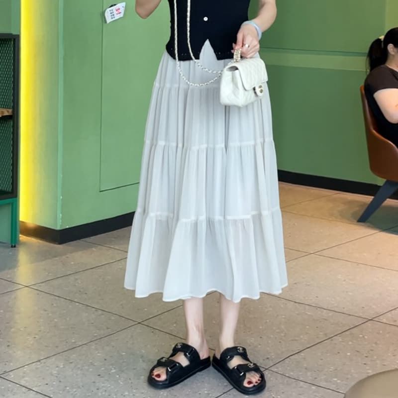 チュールスカート ふんわりティアードロングスカート