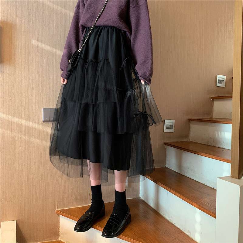 チュールスカート ふんわりティアードチュールロングスカート